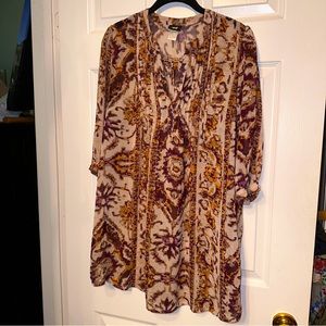 H&M Sz10 Womens Blouse Brown Orange Abstract Elbow Sleeve V Neck Sheer Tunic